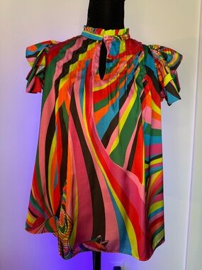 Alden Adair Multicolor High Neck Flutter Sleeve Top Size Small